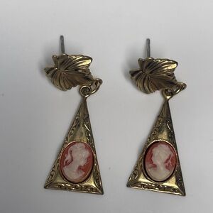 Vintage Gold Toned Leaf Stud with Dangling Triangle & Shell Cameo Earrings